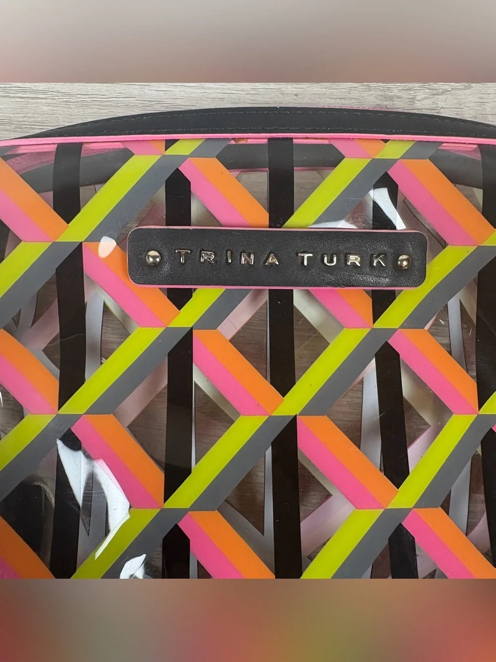 Trina Turk cosmetic bag colorful neon geometric pattern